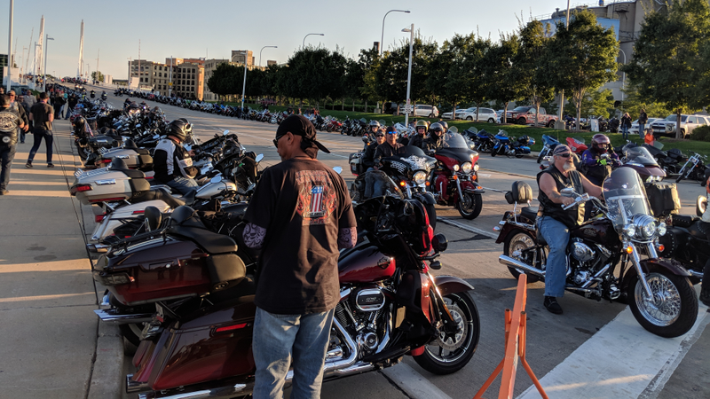 Harleys line the street in Milwaukee at the 115th anniversary celebration.